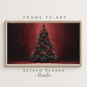 Könnte beinhalten: Gerahmter digitaler Kunstdruck mit einem Weihnachtsbaum, der mit roten Weihnachtssternen und Ornamenten geschmückt ist. Das Kunstwerk hat einen dunkelroten Hintergrund und den Text "FRAME TV ART" und "Screen Season Studio".