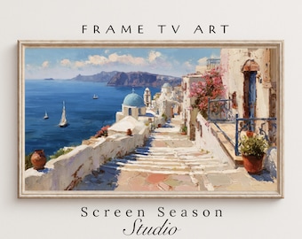 Summer Frame TV Art Greek Island Santorini Coastal Village Oil Painting Instant Download