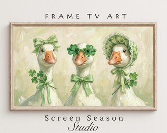 St. Patrick's Day fotolijst voor tv, speels ganzenportret met groene klaverbril en muts, digitale download