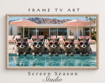 Funny Raccoons Summer Pool Party Frame TV Art Samsung Digital Download
