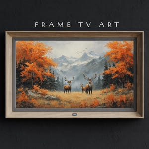 Autumn Deer Mountain Frame TV Art - Fall Forest Stag Landscape Digital Oil Painting Nature Scene - JPEG Rustic Cozy Wall Artwork