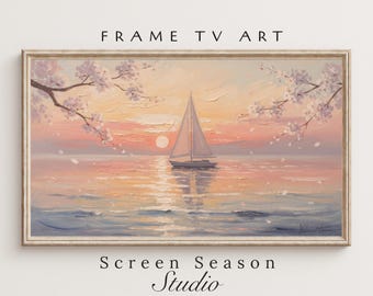 Frame TV Art Spring Cherry Blossom Sailboat Pink Sunset Ocean Landscape Oil Painting Digital Download