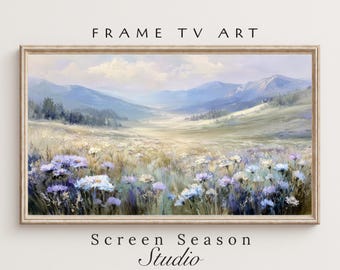 Frame TV Art Spring Blue Wildflowers Mountain Landscape Oil Painting Samsung Digital Download