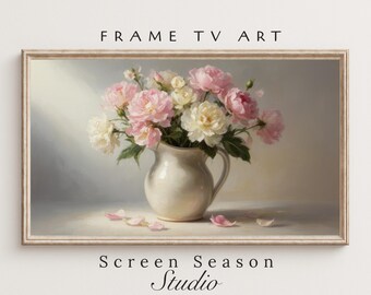 Frame TV Art Pink Peony Floral Still Life Vintage Oil Painting Botanical Digital Download