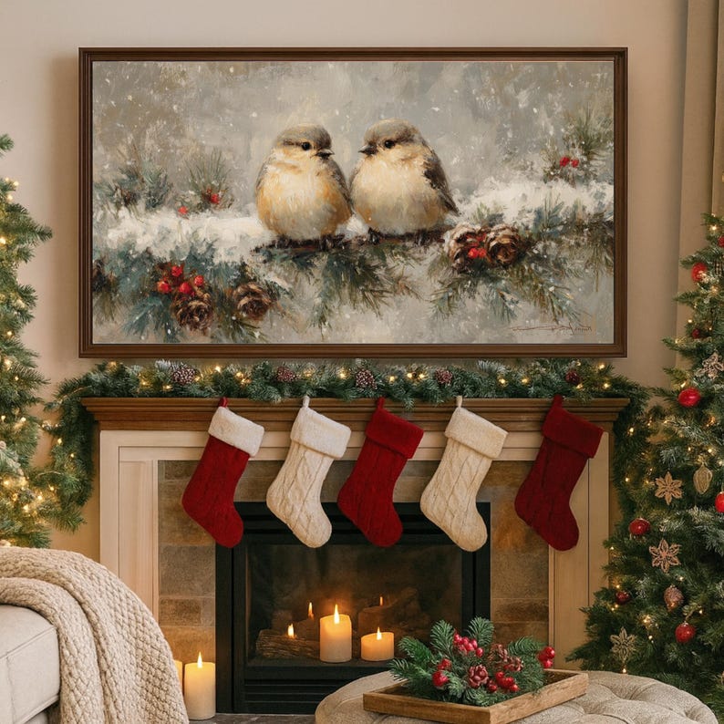 May include: A framed painting depicts two small birds perched on a snow-covered branch with pine needles and pine cones. Below the painting, a fireplace is decorated with Christmas stockings and candles, creating a festive holiday scene.
