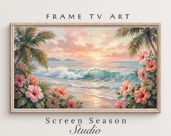 Summer Frame TV Art Tropical Beach Sunset Pink Hibiscus Oil Painting Samsung Digital Download