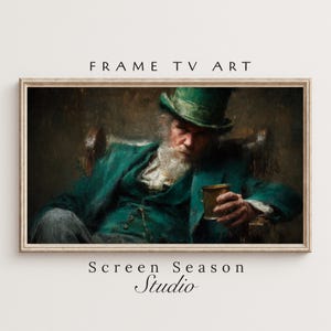 Könnte beinhalten: Gerahmtes Ölgemälde eines Mannes in grünem Anzug und Zylinder, der einen Krug hält. Das Kunstwerk zeigt den Text "FRAME TV ART" oben und "Screen Season Studio" unten.