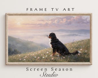 Spring Frame TV Art Wildflower Meadow Bernese Mountain Dog Vintage Oil Painting Digital Download