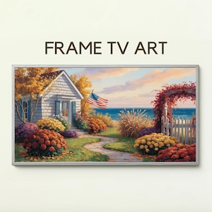 Könnte beinhalten: Ein gerahmter digitaler Kunstdruck mit einer Küstenlandschaft. Das Kunstwerk zeigt ein weißes Cottage mit einer amerikanischen Flagge, einen gewundenen Pfad und bunte Blumen. Der Text "FRAME TV ART" wird oben angezeigt.