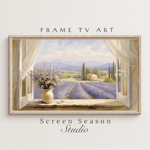 Könnte beinhalten: Gerahmter digitaler Kunstdruck, der eine Szene eines Lavendelfeldes durch ein Fenster zeigt. Eine Vase mit Blumen steht auf der Fensterbank. Die Texte "FRAME TV ART" und "Screen Season Studio" sind sichtbar.