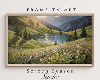 Frame TV Art Spring Lake Wildflowers Vintage Alpine Meadow Oil Painting Digital Download