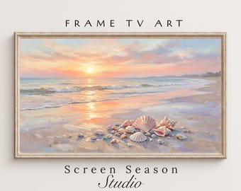Summer Frame TV Art Sunset Beach Seashell Landscape Oil Painting Samsung Digital Download