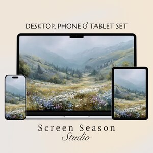 May include: A digital art set featuring a landscape scene on a desktop computer, smartphone, and tablet. The artwork depicts a field of wildflowers and rolling hills under a misty sky. The text "DESKTOP, PHONE & TABLET SET" and "Screen Season Studio" are also visible.