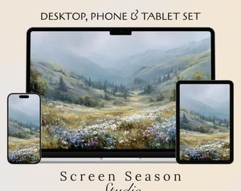 Wildflower Mountain Landscape Desktop Wallpaper Bundle | Misty Valley Desk Setup | Nature Scenery iPad & Phone Background