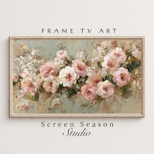 Könnte beinhalten: Gerahmtes Blumenkunstwerk mit einem Bouquet aus rosa und weißen Rosen und anderen Blumen. Das Gemälde hat einen hellgrünen und beigen Hintergrund. Der Text "FRAME TV ART" steht oben und "Screen Season Studio" unten.