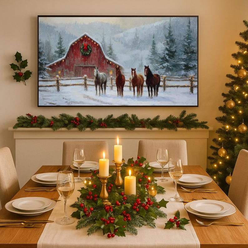 K&ouml;nnte beinhalten: Ein festlich gedeckter Esstisch f&uuml;r ein Weihnachtsessen. Ein gerahmtes Gem&auml;lde von Pferden in einer verschneiten Landschaft h&auml;ngt &uuml;ber dem Tisch. Der Tisch ist mit Kerzen, einem Stechpalmenkranz und Gedecken dekoriert.