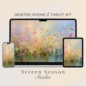 Könnte beinhalten: Ein Desktop-Computer, ein Smartphone und ein Tablet zeigen ein Blumenbild mit rosa, gelben und weißen Blüten. Der Text "DESKTOP, PHONE & TABLET SET" steht oben und "Screen Season Studio" unten.