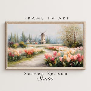 Könnte beinhalten: Gerahmtes Landschaftsgemälde mit einer Windmühle, einem Weg und einem Feld bunter Tulpen. Das Kunstwerk hat eine weiche Pastellfarbpalette und den Text "FRAME TV ART" und "Screen Season Studio".