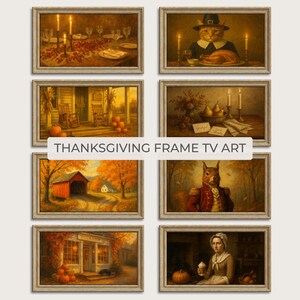 Könnte beinhalten: Eine Sammlung gerahmter Kunstdrucke mit Thanksgiving-Motiven. Die Bilder zeigen herbstliche Landschaften, eine Katze mit einem Pilgerhut, ein Eichhörnchen in einem roten Mantel und eine Frau, die Eis hält. Der Text "THANKSGIVING FRAME TV ART" wird angezeigt.