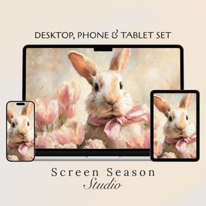 Fondo de escritorio de conejo de Pascua primaveral en tonos pastel | Fondo floral rosa para teléfono | Pantalla de bloqueo de iPad con conejo pintado