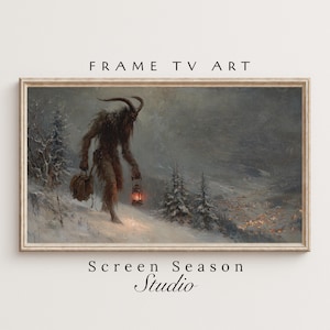 May include: Framed art print featuring a Krampus figure in a snowy landscape, holding a lantern. The artwork has a vintage aesthetic with the text "FRAME TV ART" and "Screen Season Studio". The color palette includes muted tones of brown, gray, and white.