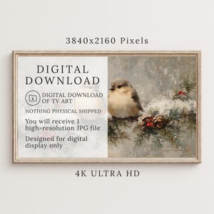 May include: Digital download of a vintage-style painting featuring a small bird perched on a snow-covered branch with pine cones and red berries. The text "DIGITAL DOWNLOAD" is displayed on the left side of the image, along with other details.
