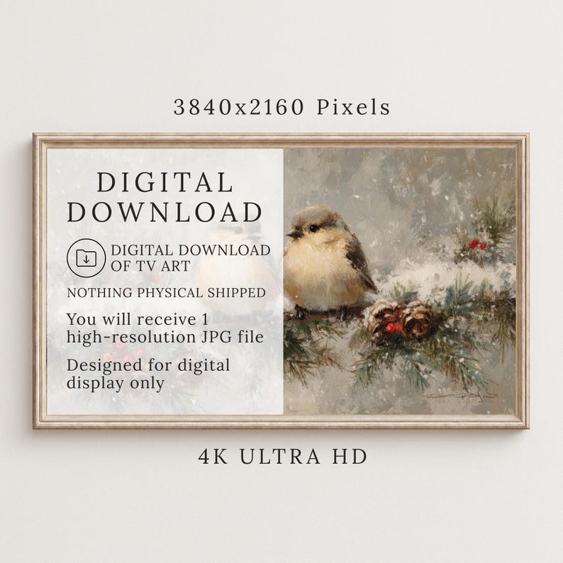 May include: Digital download of a vintage-style painting featuring a small bird perched on a snow-covered branch with pine cones and red berries. The text "DIGITAL DOWNLOAD" is displayed on the left side of the image, along with other details.