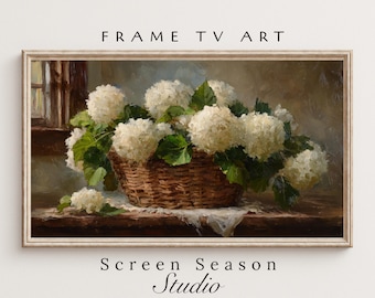 Samsung Frame TV Art White Hydrangea Basket Vintage Spring Oil Painting Instant Digital Download
