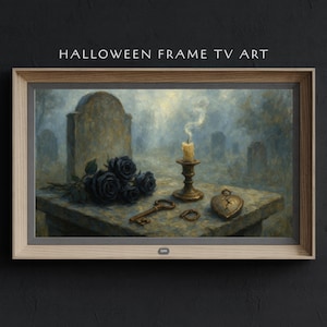 Könnte beinhalten: Gerahmtes digitales Kunstwerk für Halloween. Das Bild zeigt eine Friedhofsszene mit schwarzen Rosen, einer brennenden Kerze, einem Schlüssel und einem zerbrochenen Herzen. Der Text "HALLOWEEN FRAME TV ART" steht oben.