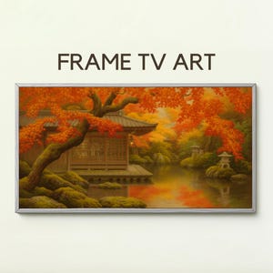 Könnte beinhalten: Ein gerahmter Druck einer japanischen Gartenszene mit einem Holzgebäude, einem Teich und leuchtendem Herbstlaub. Das Kunstwerk zeigt oben den Text "FRAME TV ART".