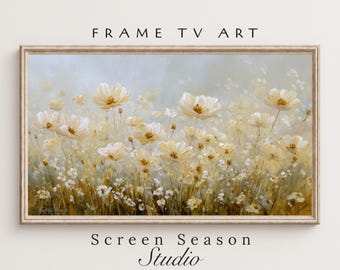 Spring Frame TV Art White Wildflower Meadow Impasto Oil Painting Samsung Digital Download