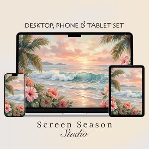 May include: A digital wallpaper set for desktop, phone, and tablet featuring a tropical beach scene. The artwork depicts a sunset over the ocean with palm trees and hibiscus flowers. The text "DESKTOP, PHONE & TABLET SET" and "Screen Season Studio" are visible.