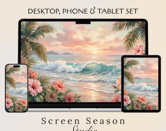 Tropical Beach Sunset Desktop Wallpaper Bundle | Pink Hibiscus Coastal Desk Setup | Summer Ocean iPad & Phone Background