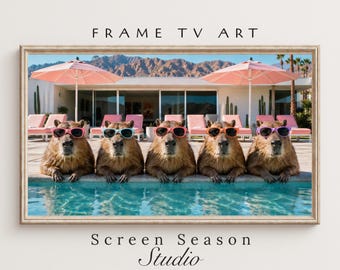 Funny Capybaras Summer Pool Party Frame TV Art Samsung Digital Download