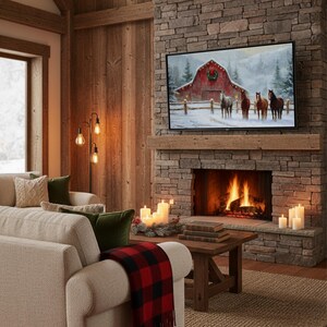 K&ouml;nnte beinhalten: Ein gem&uuml;tliches Wohnzimmer mit einem Steinkamin und einem brennenden Feuer. Ein gro&szlig;er Fernseher zeigt ein Gem&auml;lde einer roten Scheune und Pferde in einer verschneiten Landschaft. Ein Holztisch h&auml;lt Kerzen und B&uuml;cher.