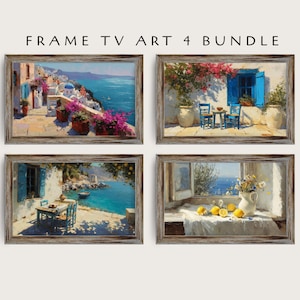 May include: Four framed art prints depicting Mediterranean scenes. Each print shows a different view: a coastal town, a patio with blue chairs, a seaside table, and a still life with lemons. The frames are rustic wood.