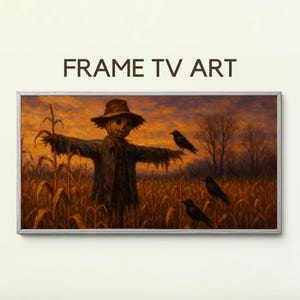 Könnte beinhalten: Gerahmtes Kunstwerk mit einer Vogelscheuche in einem Maisfeld bei Sonnenuntergang. Die Vogelscheuche trägt einen Strohhut und zerlumpte Kleidung. Drei schwarze Krähen sind zu sehen. Der Text "FRAME TV ART" befindet sich oben.