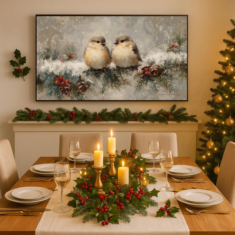 May include: A festive dining table set for a holiday meal. The table is adorned with a centerpiece of greenery, red berries, and lit candles. A framed painting of two birds on a snowy branch hangs above the table, and a Christmas tree is in the background.
