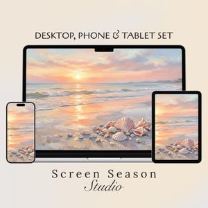 May include: A desktop computer, phone, and tablet display a beach scene with a sunset over the ocean. Seashells are scattered on the sand. The text "DESKTOP, PHONE & TABLET SET" and "Screen Season Studio" are displayed.