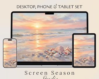Pastel Sunset Beach Desktop Wallpaper Bundle | Seashell Coastal Desk Setup | Summer Ocean iPad & Phone Background
