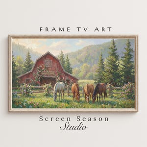 Puede incluir: Obra de arte enmarcada que representa una escena pastoral con un granero rojo, caballos pastando en un campo y un telón de fondo de árboles y montañas. La obra de arte está etiquetada como "FRAME TV ART" y "Screen Season Studio".