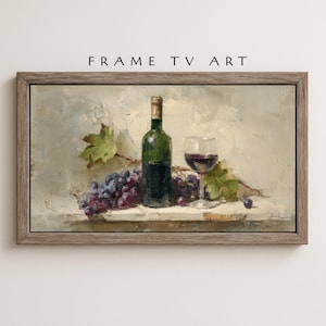 Könnte beinhalten: Gerahmtes Gemälde eines Stilllebens mit einer grünen Weinflasche, einem Glas Rotwein und einer Traube lila Trauben. Das Kunstwerk hat einen Vintage-Stil, mit dem Text "FRAME TV ART" oben.