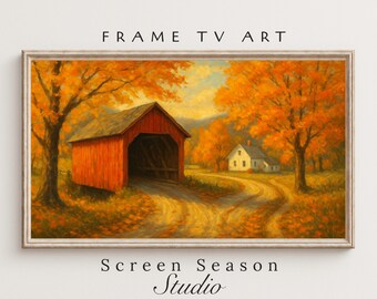 Vermont Covered Bridge and Country Home in Autumn – Classic New England Landscape Oil Style | Fall TV Frame Art JPEG for Cozy Decor