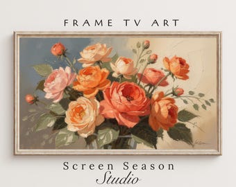 Samsung Frame TV Art Peach Rose Floral Still Life Oil Painting Instant Digital Download