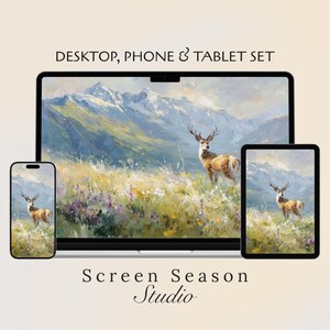 May include: A digital art set featuring a landscape painting with a deer in a field of wildflowers, displayed on a desktop computer, phone, and tablet. The text "DESKTOP, PHONE & TABLET SET" and "Screen Season Studio" are visible.