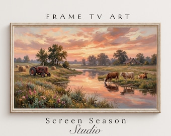 Frame TV Art Sunset Farm Tractor Cows Vintage Oil Painting Samsung Digital Download