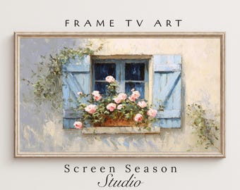 Spring Frame TV Art French Country Window Pink Roses Oil Painting Samsung Digital Download