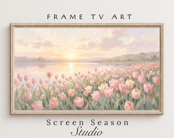 Spring Frame TV Art Pink Tulip Field Pastel Lake Sunrise Samsung Digital Download