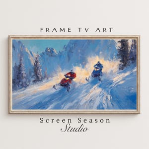 May include: Oil painting of two snowmobiles racing down a snowy mountain slope. The snowmobiles are red and blue, and the riders are wearing dark clothing. The artwork is framed and has the text "FRAME TV ART" and "Screen Season Studio".