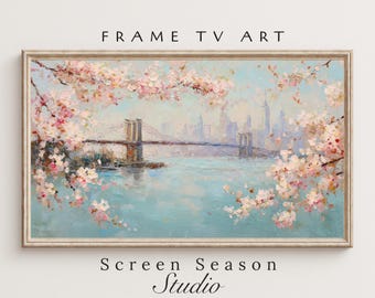 Spring Frame TV Art, New York City Skyline Brooklyn Bridge Cherry Blossom, Samsung Digital Download
